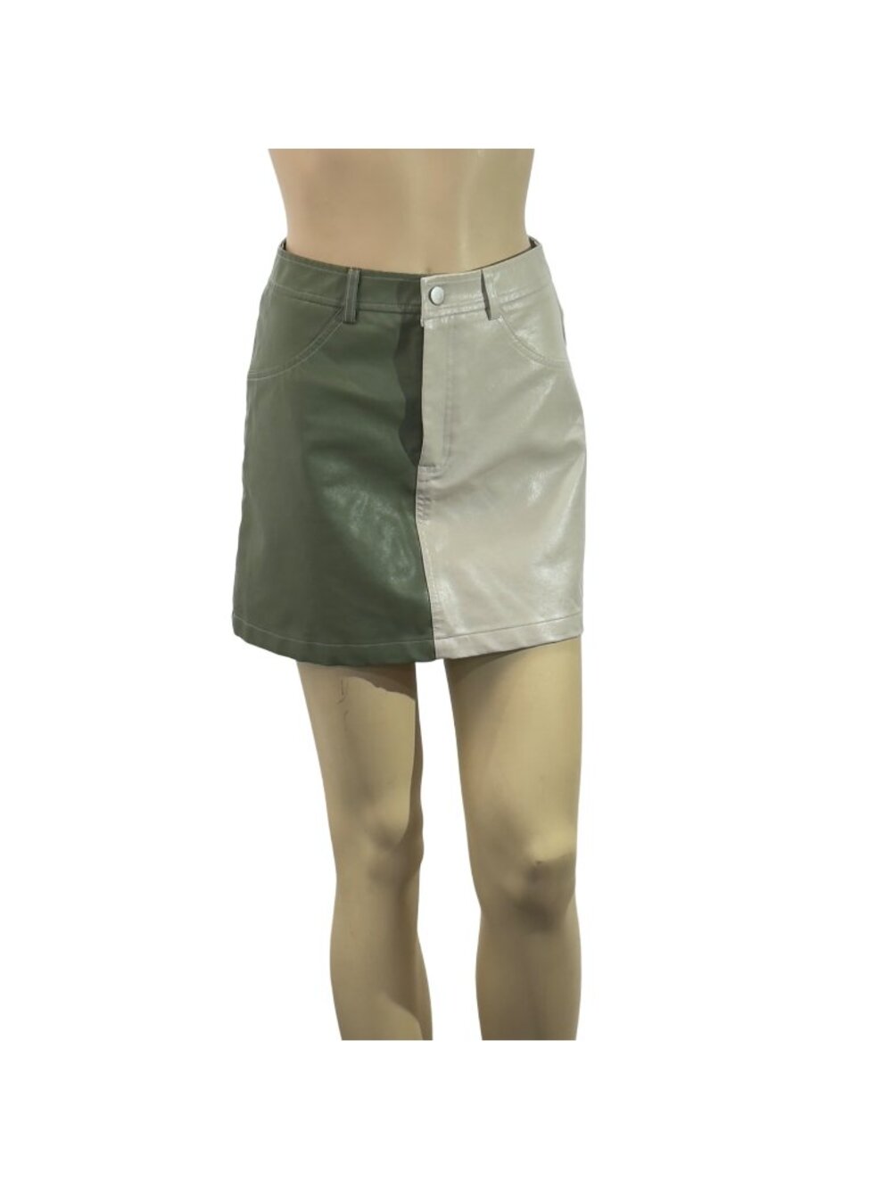 Bailey Rose Womens Green & Beige Faux Leather & Cotton Mini Skirt Size S
